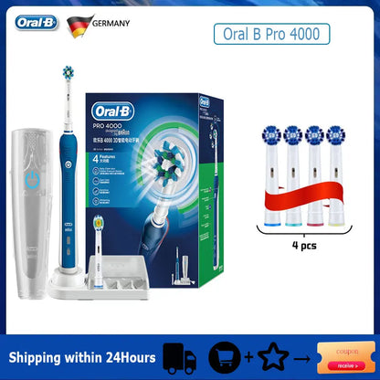 Oral-B Pro 4000 Electric Toothbrush – 3D Action Daily Clean with Pressure Sensor, 4 Modes, Gum Care, Waterproof & Rechargeable