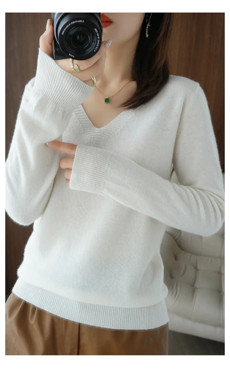 New Women’s Cashmere V-Neck Pullover – Lace Hollow Out Long Sleeve Knitted Sweater for Fall & Winter