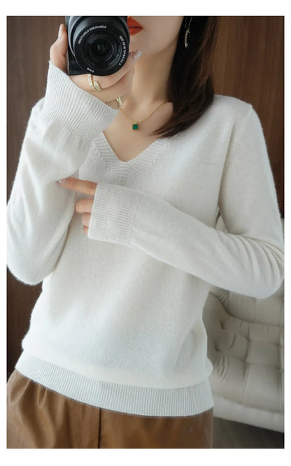 New Women’s Cashmere V-Neck Pullover – Lace Hollow Out Long Sleeve Knitted Sweater for Fall & Winter