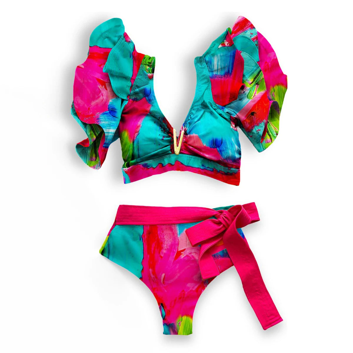 Sporlike V-Neck Ruffled Bikini Set – High Waist Sexy Printed Two-Piece Swimsuit for Women 2025