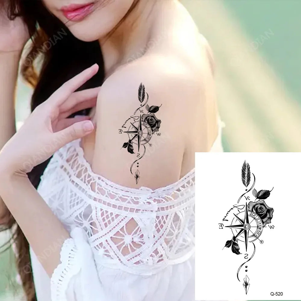 Waterproof Temporary Tattoo Stickers - Mini Black Rose, Butterfly, Arrow, Flower, Wings, Maori, and Snake Designs for Wrist and Neck