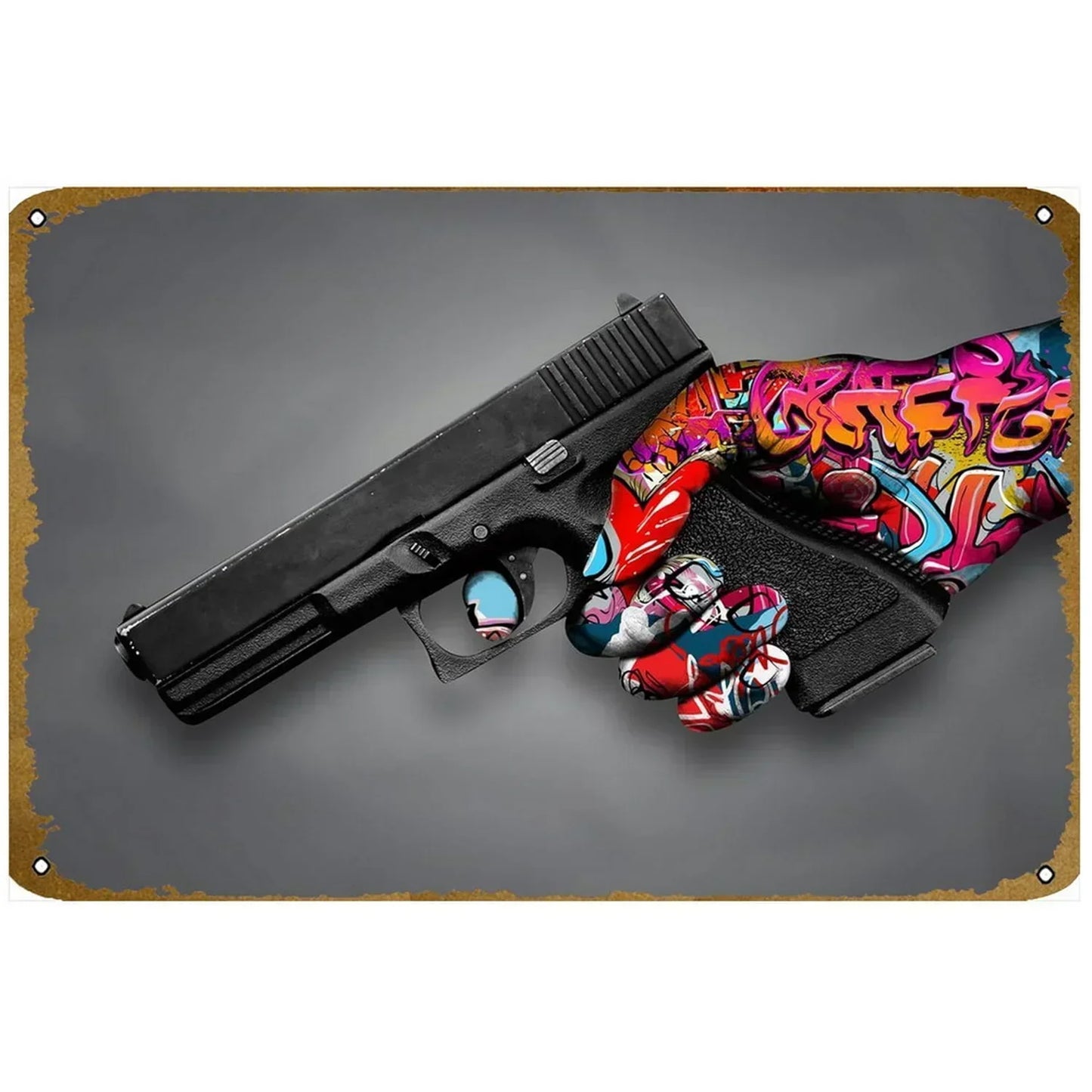 Pistol Metal Wall Sign - Military Style Decoration for Man Cave Home Cafe Bar Garden