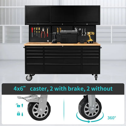72-Inch Tool Chest Tool Box with 15 Drawers & 3 Upper Cabinets - Mobile Rolling Cabinet with Wheels, SS Pegboard, Locking Key Storage