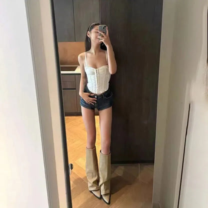 Khaki Wide Knee-High Women’s Boots – Pointed Toe Winter Shoes with Low Dwarf Heel