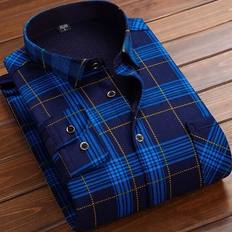 Men's Winter Plaid Flannel Shirt - Thick Fleece-Lined Long Sleeve Warm Casual Dress Shirt