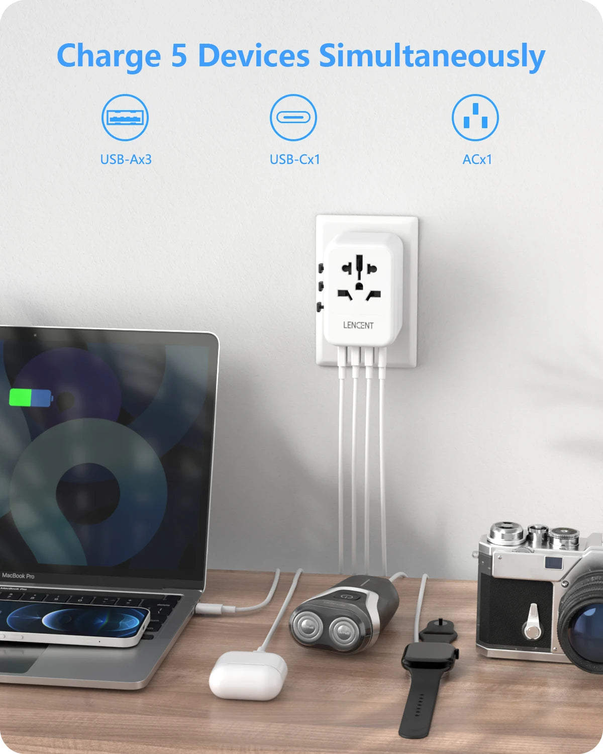 LENCENT Universal Travel Adapter with 3 USB Ports & Type-C PD Charging - EU/UK/USA/AUS Plug, All-in-One Travel Charger