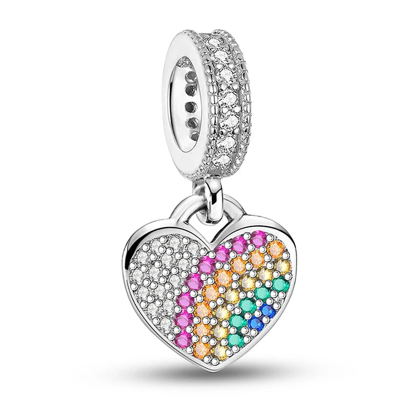 925 Sterling Silver Pink Heart Charm - Zircon Love Pendant Bead for DIY Bracelets, Bangles & Women’s Jewelry