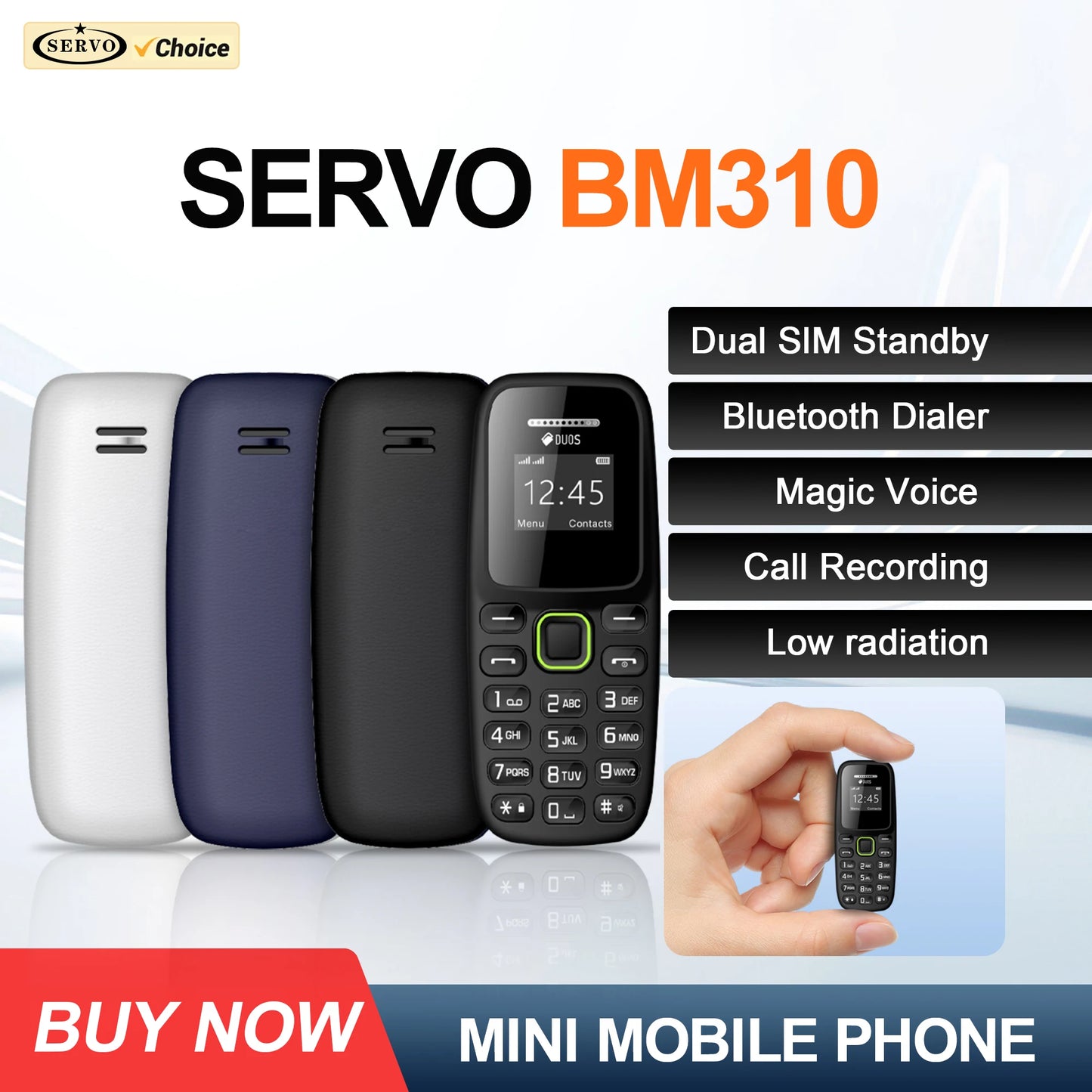 SERVO BM310 Mini Mobile Phone – Dual SIM, Call Recording, Magic Voice, Blacklist, MP3 Player, 2G Tiny Button Cellphone