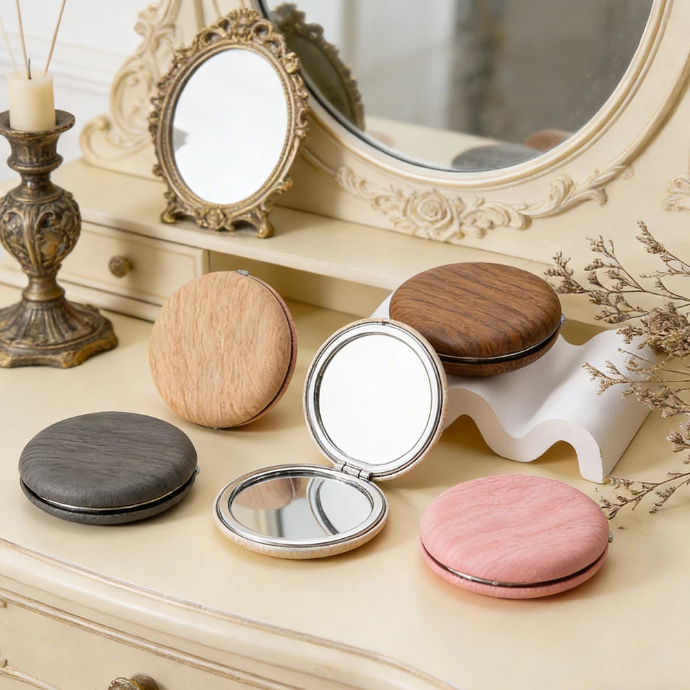 Faux Wood Round Folding Makeup Mirror - Lightweight Compact Vanity & Travel Cosmetic Mirror
