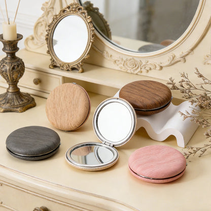 Faux Wood Round Folding Makeup Mirror - Lightweight Compact Vanity & Travel Cosmetic Mirror