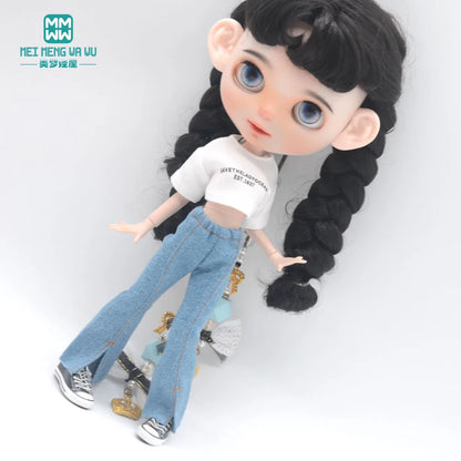 Blythe Doll Clothes – Fashion Tops, Black & White Shirts with Jeans & Plaid Pants for Azone OB22/OB24 Dolls