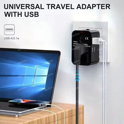 All-in-One Foldable Universal Travel Adapter – EU, UK, US, AU Power Charger with Dual USB 2.1A Ports and Outlet Converter Socket