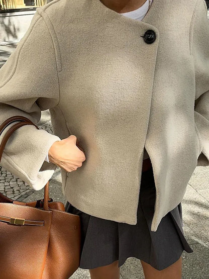 2024 Women's Elegant Solid Wool Blend Cardigan Coat – Round Neck, Single Button, Long Sleeve High Street Outwear