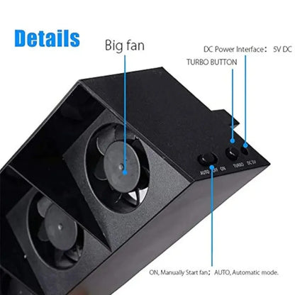 PS4 USB Cooling Fan — External 5-Fan Turbo Cooler with Temperature Control for PlayStation 4
