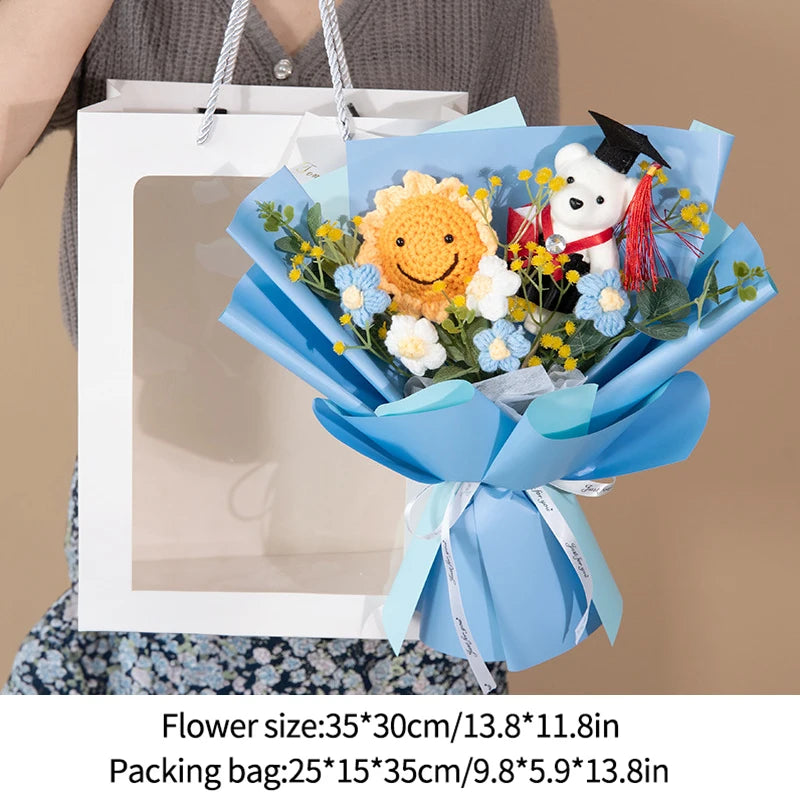 DIY Simulated Flower Bouquet – Crochet Sunflower Finished Product, Graduation, Doctoral, Valentine’s Day & Birthday Gift with Bear