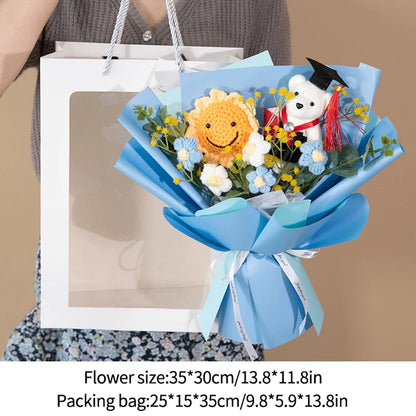 DIY Simulated Flower Bouquet – Crochet Sunflower Finished Product, Graduation, Doctoral, Valentine’s Day & Birthday Gift with Bear