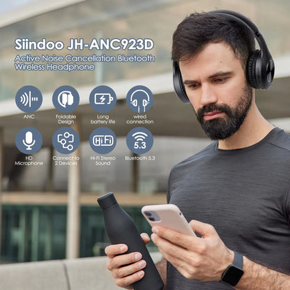 Siindoo JH-ANC923 Active Noise Cancelling Wireless Headset - Foldable Over-Ear Bluetooth Headphones with Mic, Hi-Fi Stereo & Deep Bass