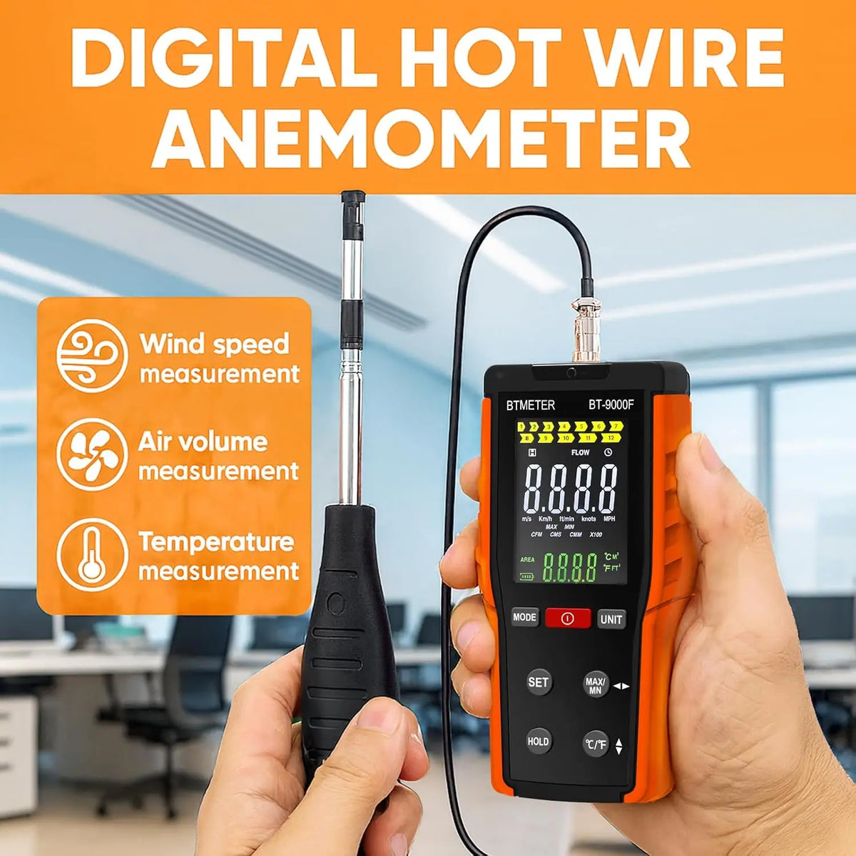 BTMETER Hot Wire Anemometer & Manometer Kit - HVAC Airflow and Gas Pressure Tester with 360° Swivel Probe, LCD Backlight & 12 Units
