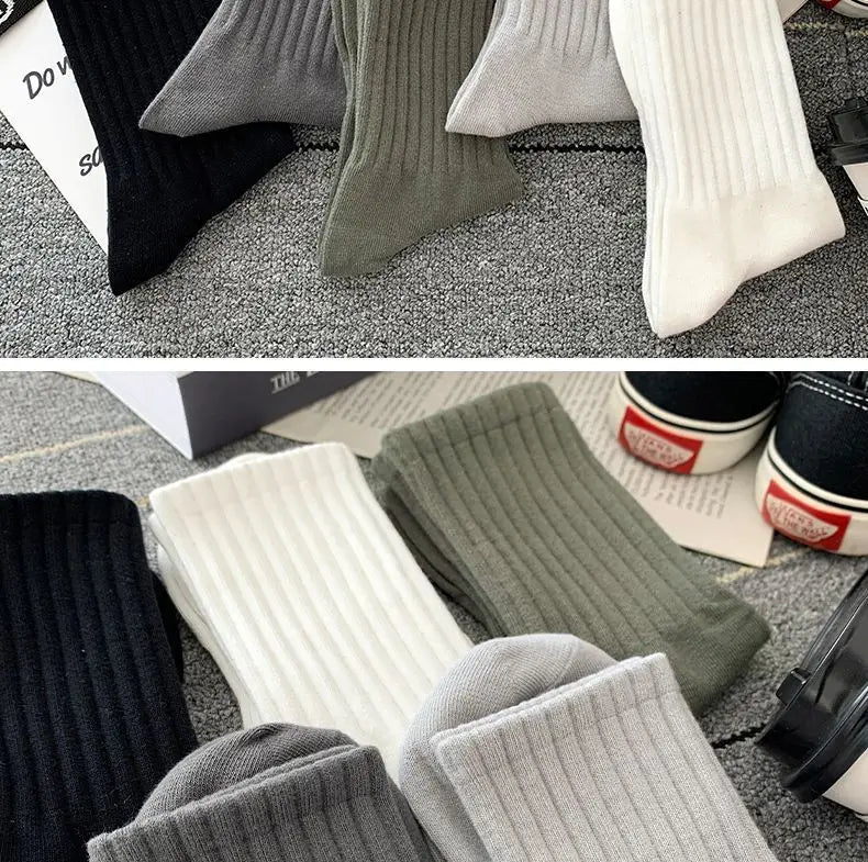 5 Pairs Cool Men's Socks Set – Black & White, Warm Autumn/Winter Sport Short Socks, Solid Color for Men