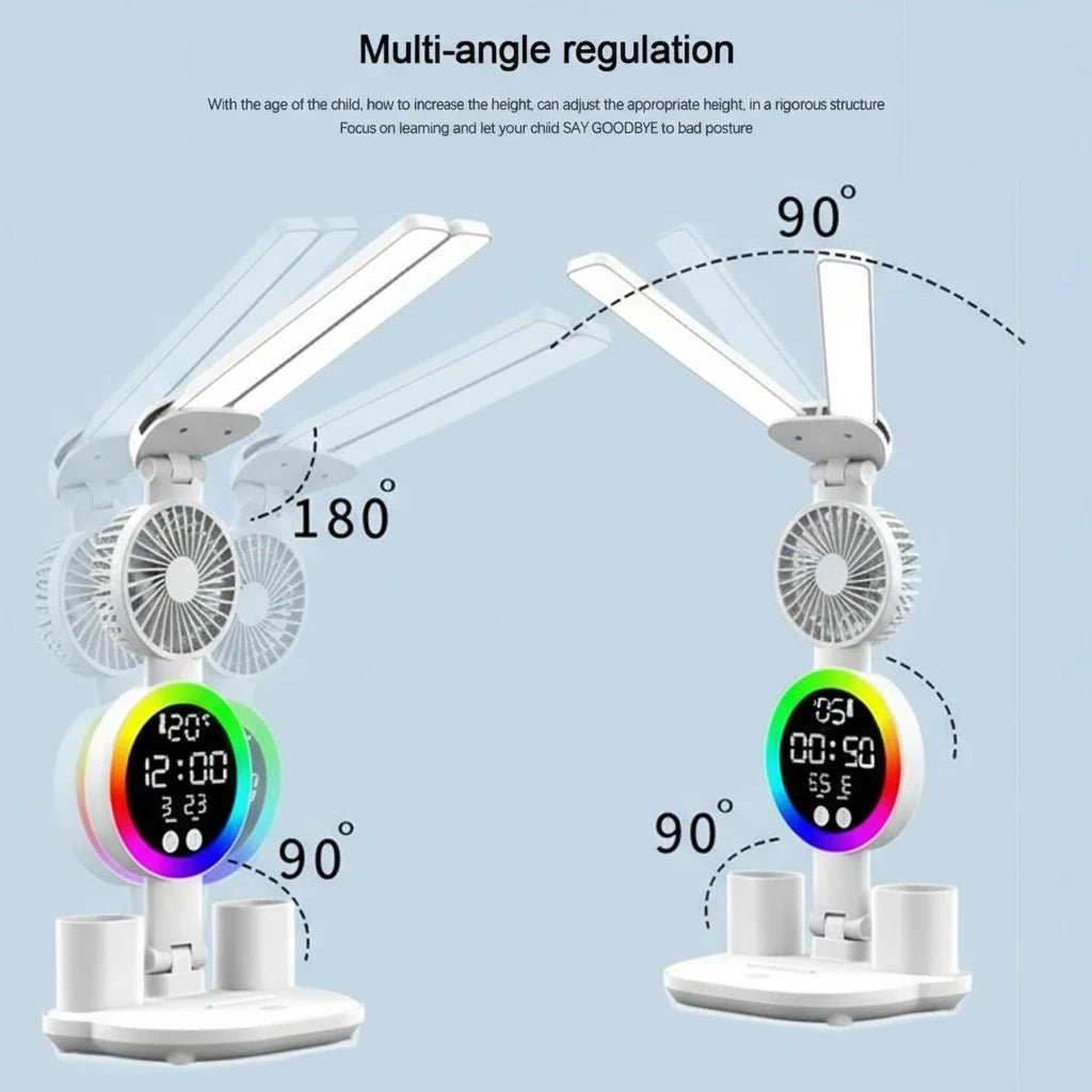 LED Desk Lamp with Fan & Clock - Adjustable Brightness Reading and Study Light