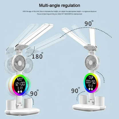LED Desk Lamp with Fan & Clock - Adjustable Brightness Reading and Study Light