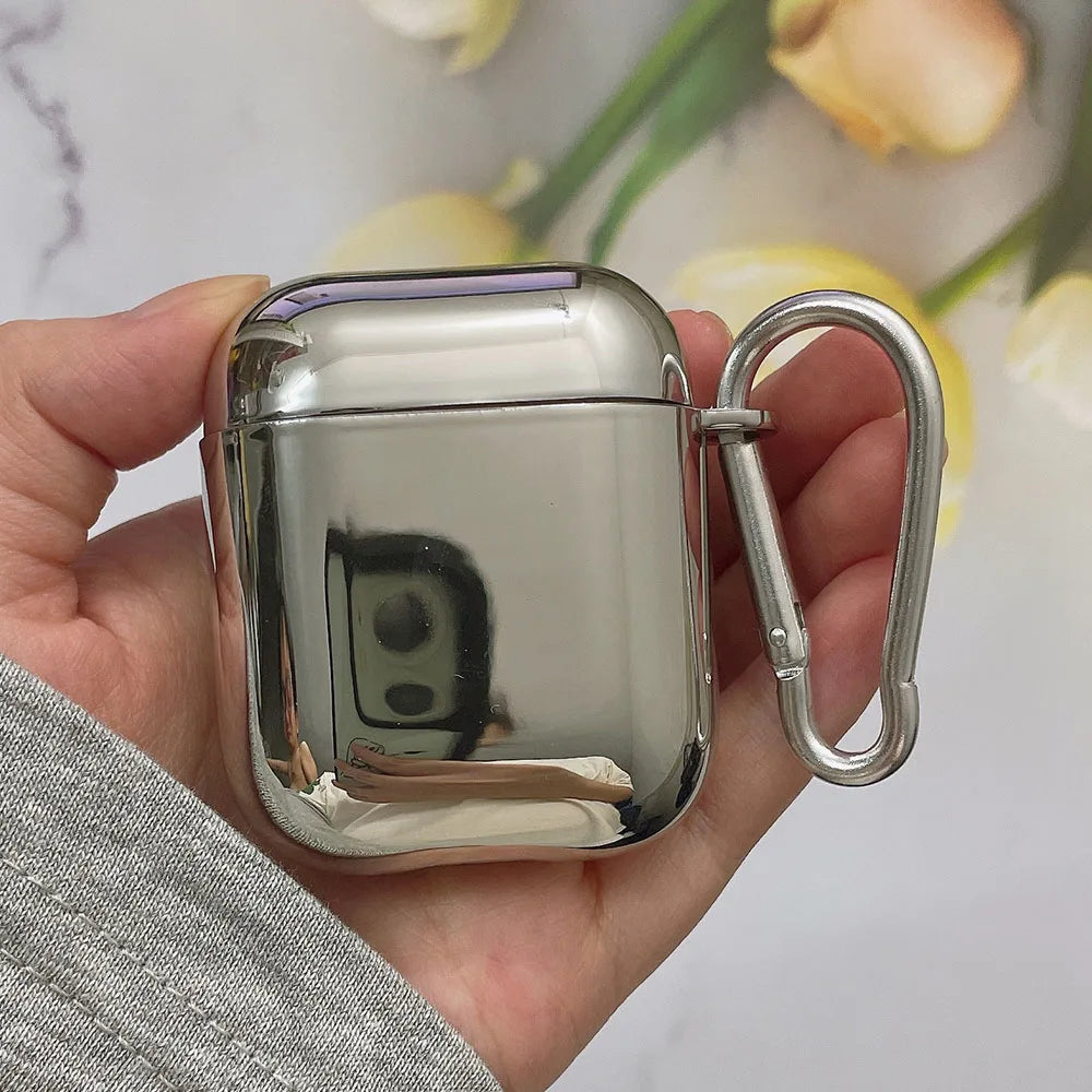 Electroplated Silver AirPods Case - Soft TPU Mirror Finish Cover with Heart Keychain for AirPods 1/2/3/4/5 & Pro 2