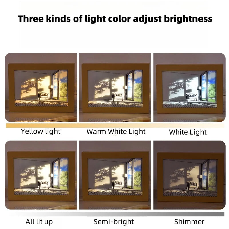 LED Light Painting Wall Art Lamp – Wooden Sunlight Window Dimmable Indoor Night Light Home Decor Table & Bedroom Lighting