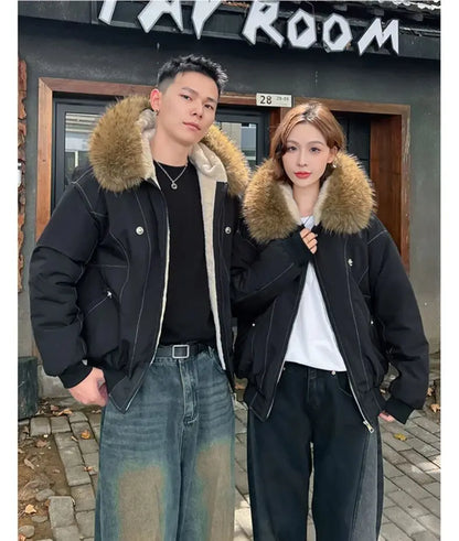 ZAROY Y2K Fur Collar Hooded Parka – Thick Padded Gothic Winter Jacket Streetwear for Men & Women