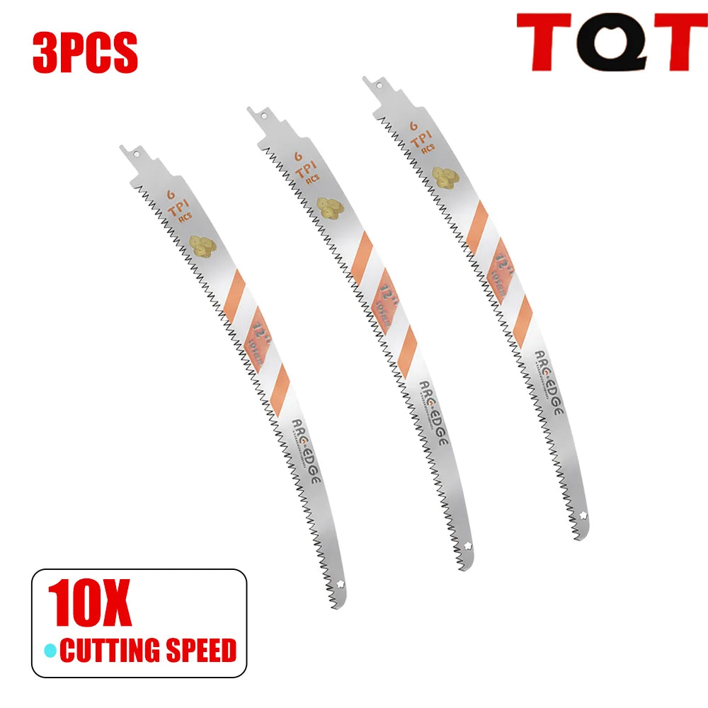 3Pcs Reciprocating Saw Blades Set 6-10-12-15 Inch 6TPI Arc Edge – Heavy Duty Wood Pruning Blades for Tree Trimming & Wood Cutting Tools