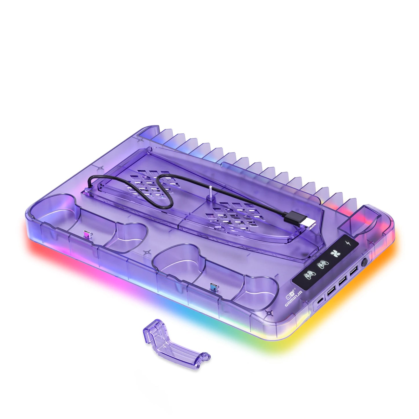 GAMINJA P58 RGB Cooling Stand for PS5 Slim – Console Charging Dock with Gamepad Charger, Headset Hook & Game Disc Storage Rack for Disc & Digital Edition