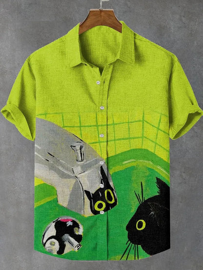 Men’s Cat Graphic Button Down Shirt - Oversized Short Sleeve Summer Hawaiian Vacation Top