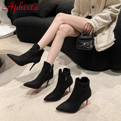 Women’s 10cm Stiletto Ankle Boots - Warm Winter Zip Heels in Black & Red Sizes 47-50
