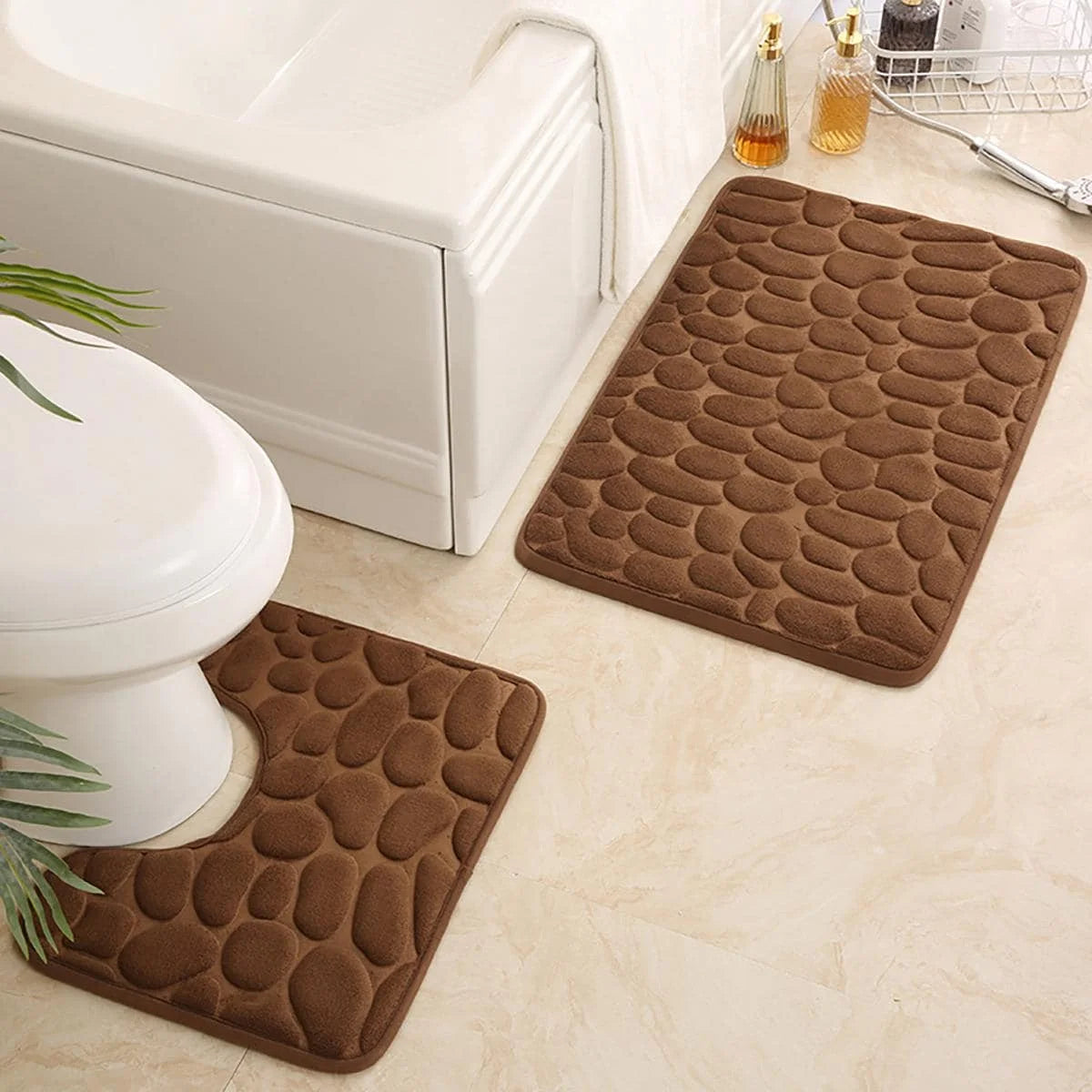 2PC Embossed Stone Pattern Toilet & Door Mats – Water-Absorbent, Non-Slip, Washable Home Decor Carpet
