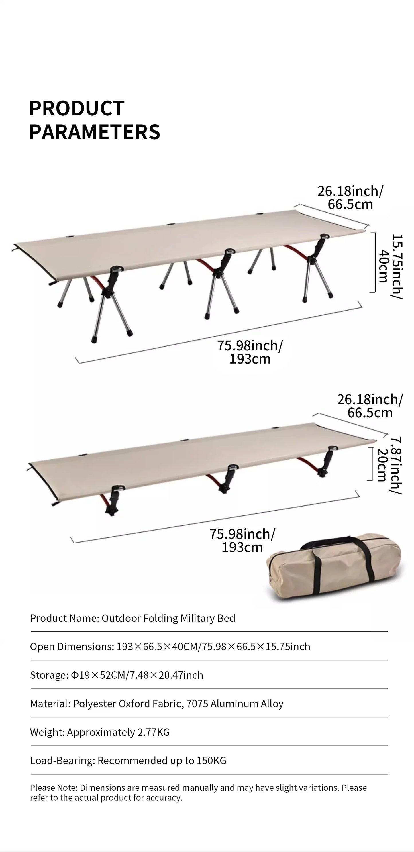 Portable Camping Cot – Lightweight Collapsible Sleeping Bed for Hiking, Backpacking & Outdoor Use, Foldable Single Tent Bed