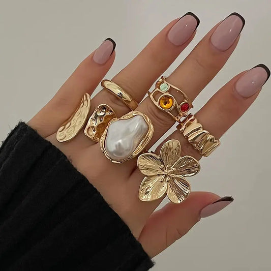 Ingemark 2025 Irregular Metal Flower Open Ring – Elegant Baroque Imitation Pearl Jewelry for Women