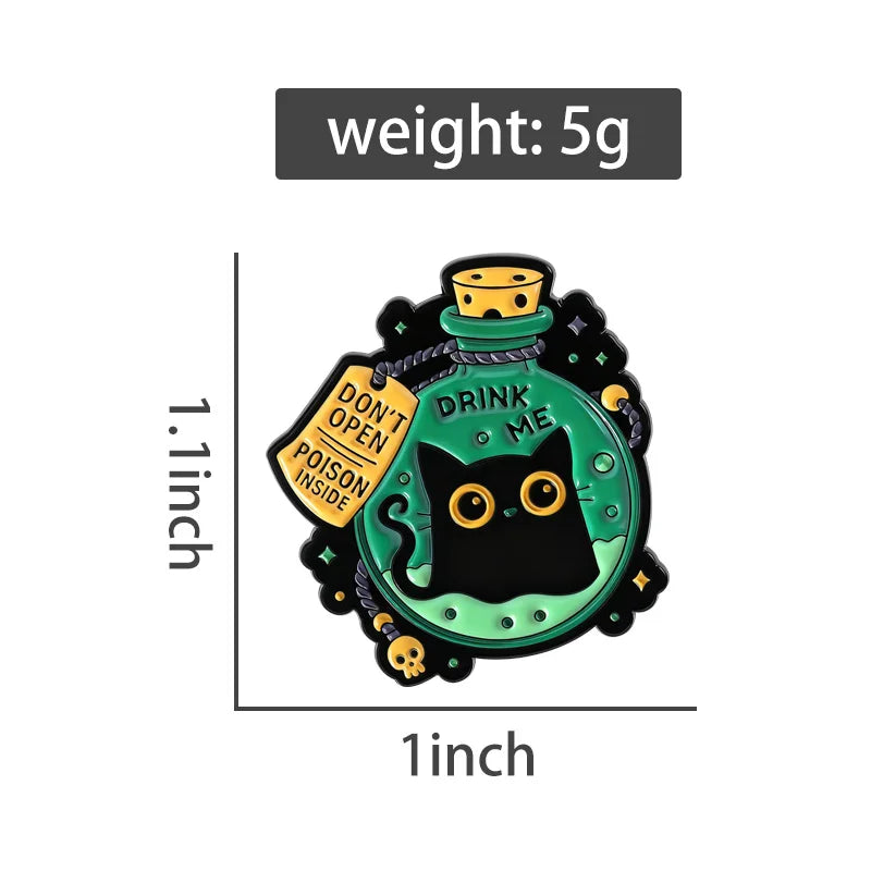 Cute Big-Eyed Black Cat Enamel Pin – Elf Magic Potion Animal Brooch for Halloween Jewelry Gift