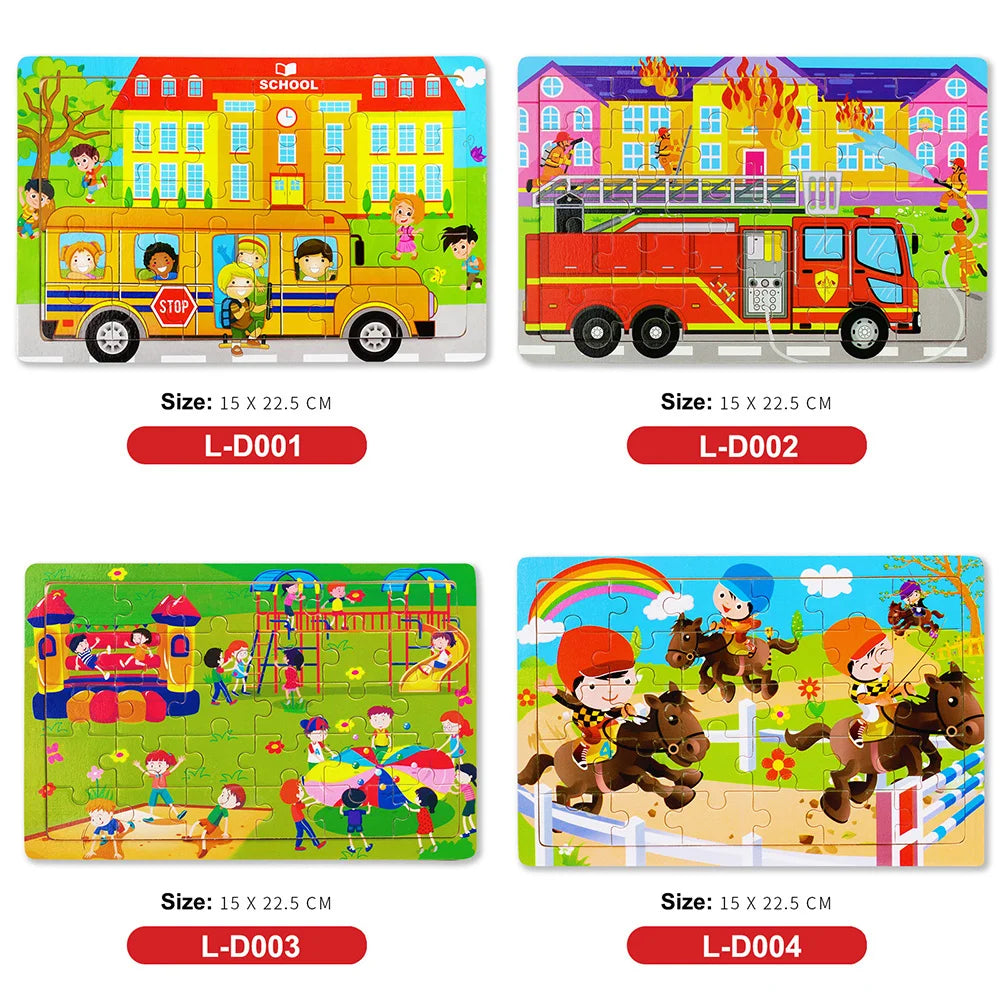30PCS Montessori Wooden 3D Cartoon Animal Puzzle – Educational Jigsaw Board Game for Kids