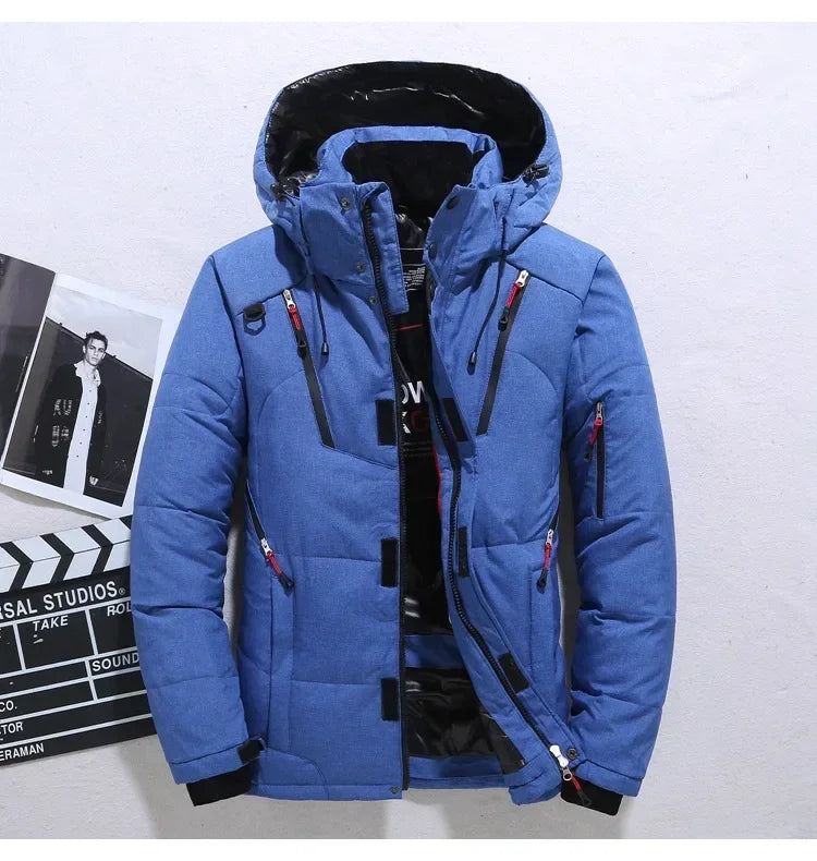 Men's Winter Hooded Puffer Jacket – White Duck Down Coat, Windproof & Warm Outdoor Parka, Size 5