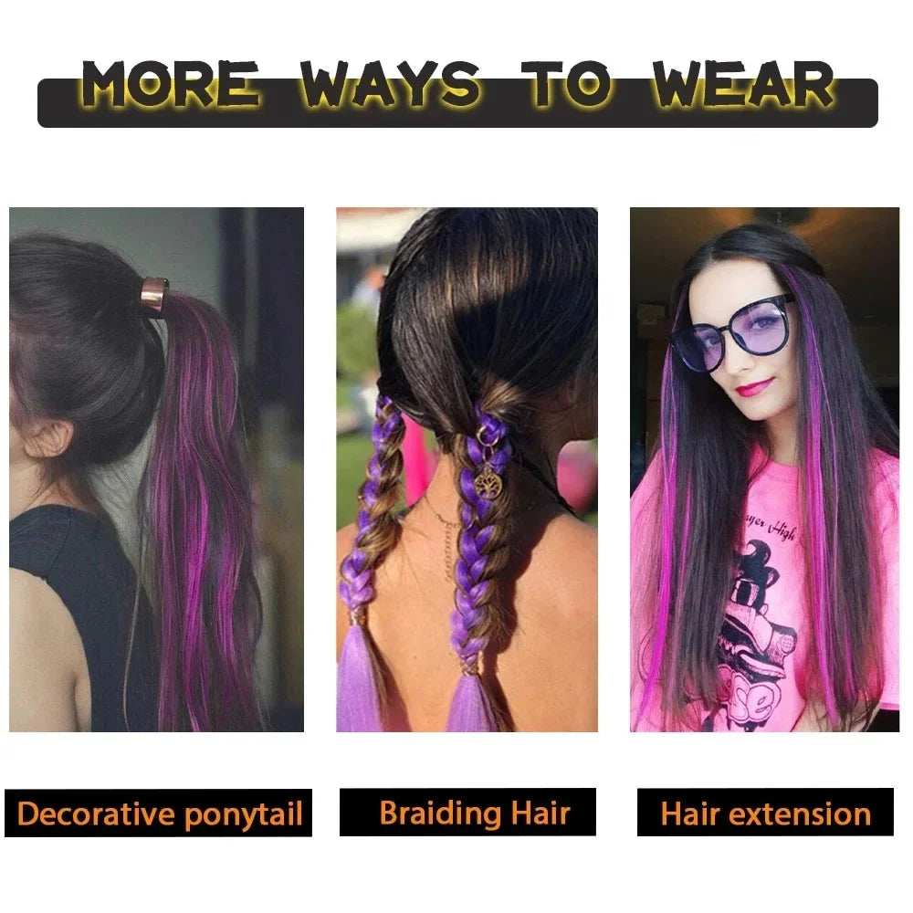 22-Inch Rainbow Highlight Synthetic Hair Extensions – Long Straight Colorful Hairpiece for Women & Kids