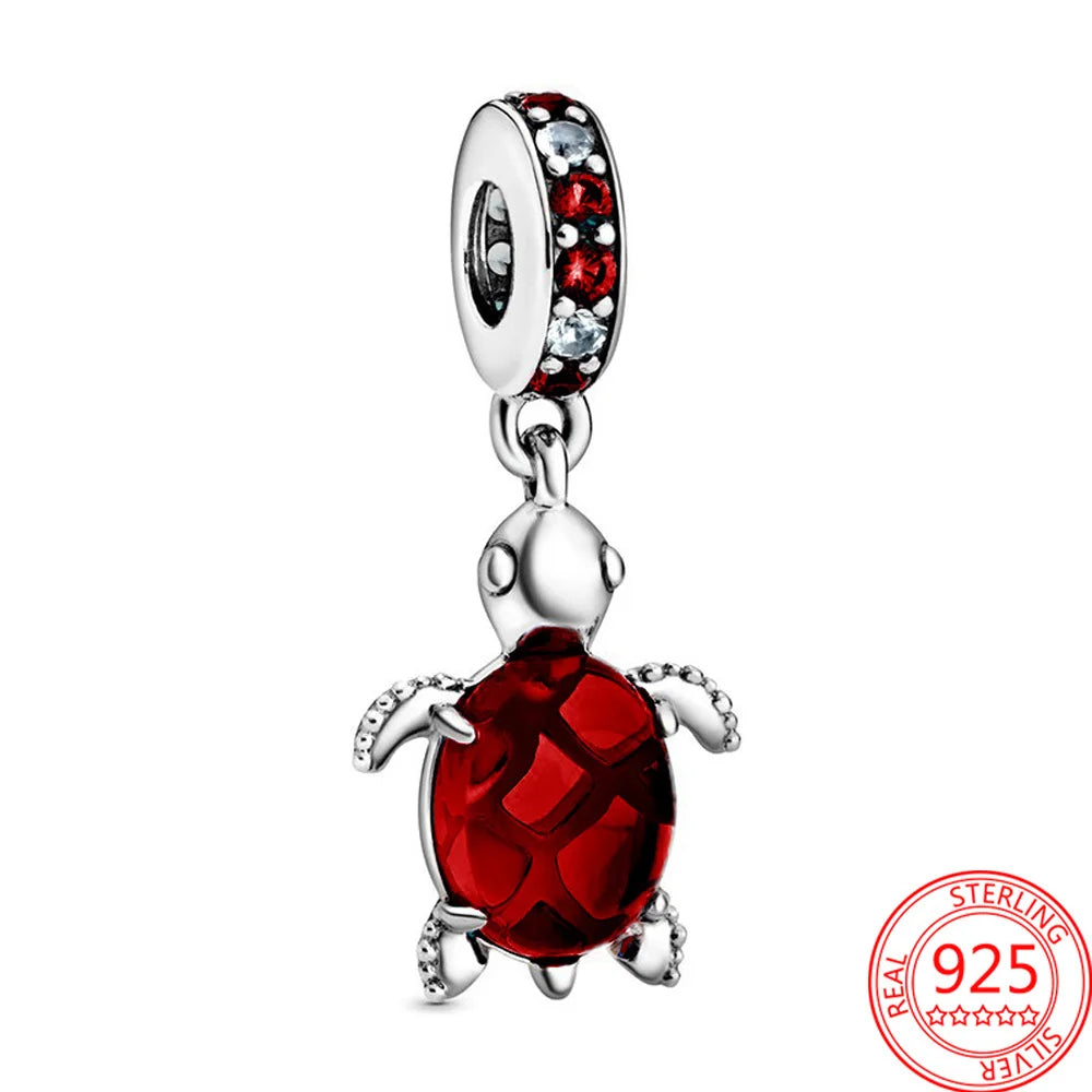 925 Silver Plated Murano Glass Sea Turtle Dangle Charm - Colorful Pink & Blue Jewelry for Women's Bracelet