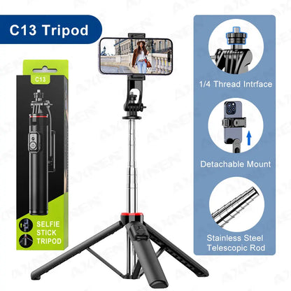 AXNEN Mobile Phone Tripod C12/C13 – 1325mm Stand for Cellphone & GoPro, with Wireless Bluetooth Remote for Live Streaming