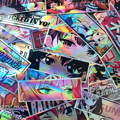 JDM Anime Girl Holographic Stickers - Rainbow Vinyl Decals for Car Windows, Motorcycles, Helmets, and Windshields