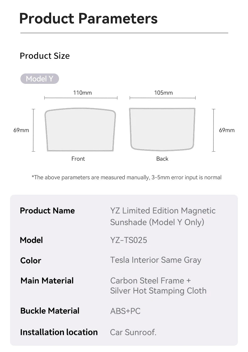 YZ Magnetic Suction Clip Sun Shades for Tesla Model 3/Y Highland 2021-2025 – Front & Rear Glass Roof Sunroof Skylight Sunshade