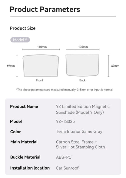 YZ Magnetic Suction Clip Sun Shades for Tesla Model 3/Y Highland 2021-2025 – Front & Rear Glass Roof Sunroof Skylight Sunshade