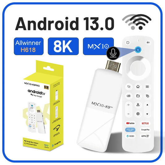 MX10 K9 PRO TV Stick – Android 13, 8K/4K Support, WiFi 6, Allwinner H618 Quad-Core, Voice Remote Smart TV Box