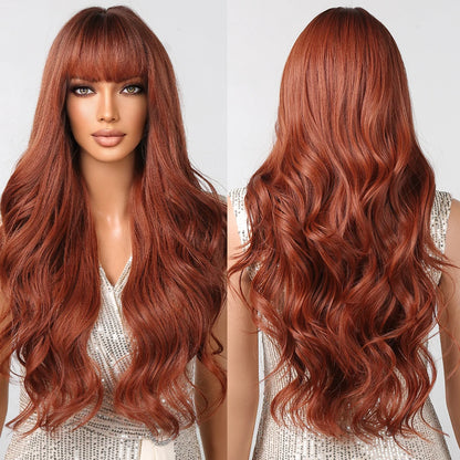 Copper Ginger Red Brown Synthetic Wig – Long Fluffy Wavy Wig with Bangs, Heat-Resistant Cosplay & Daily Wear Hair for Women