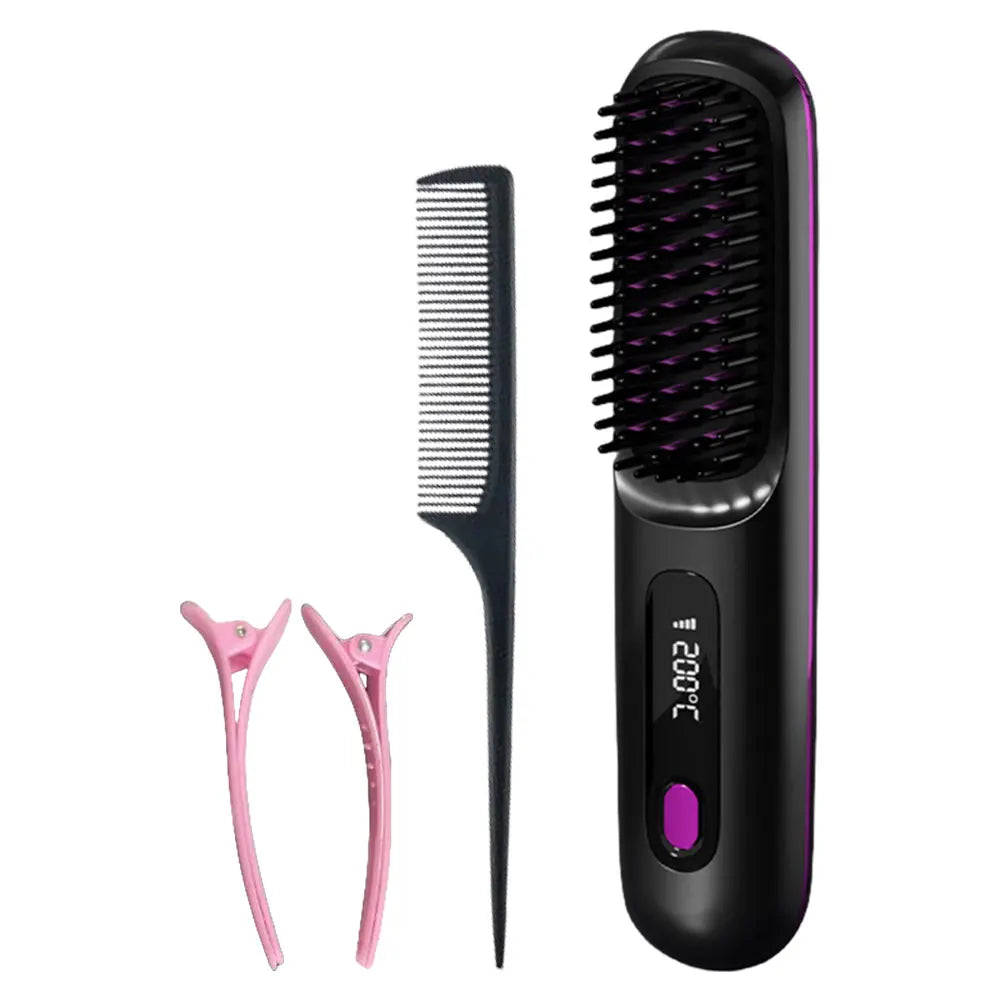 Cordless Hair Straightener Brush – Anti-Scald Electric Hot Comb with 3 Temperature Settings