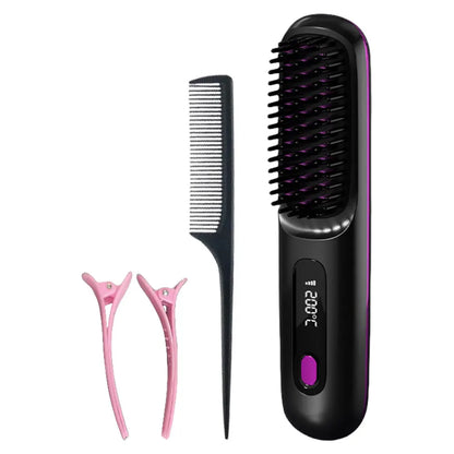 Cordless Hair Straightener Brush – Anti-Scald Electric Hot Comb with 3 Temperature Settings