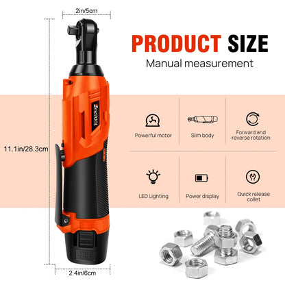 DayPlus 200NM 3/8" Cordless Electric Ratchet Wrench | 90° Angle 12V Power Tool with 2 Batteries, Charger & 7 Sockets