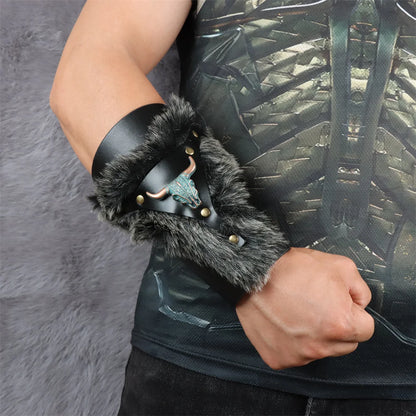 Medieval PU Leather Armor Arm Warmers – Fur Trim Bracer, Lace-Up Viking Knight Gauntlet Wristband Cosplay Props
